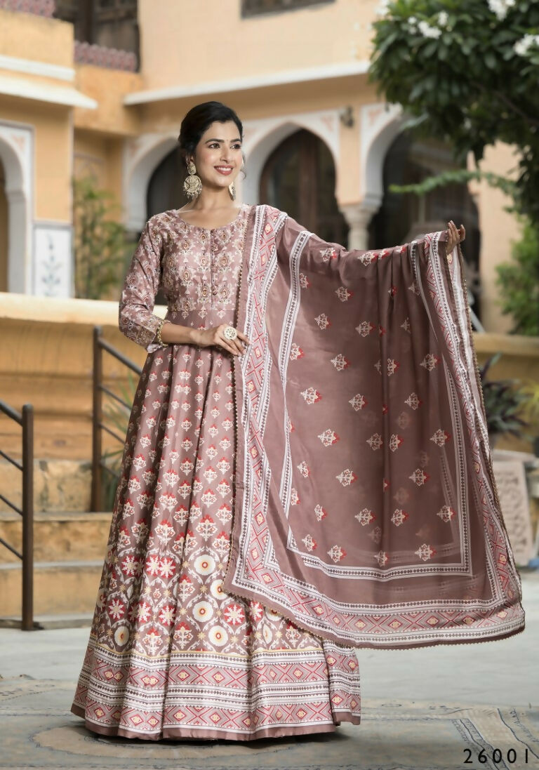 Wedding Designer PaleMauve Soft Dola Silk Anarkali suit with Dupatta - Samanta | Grocsy