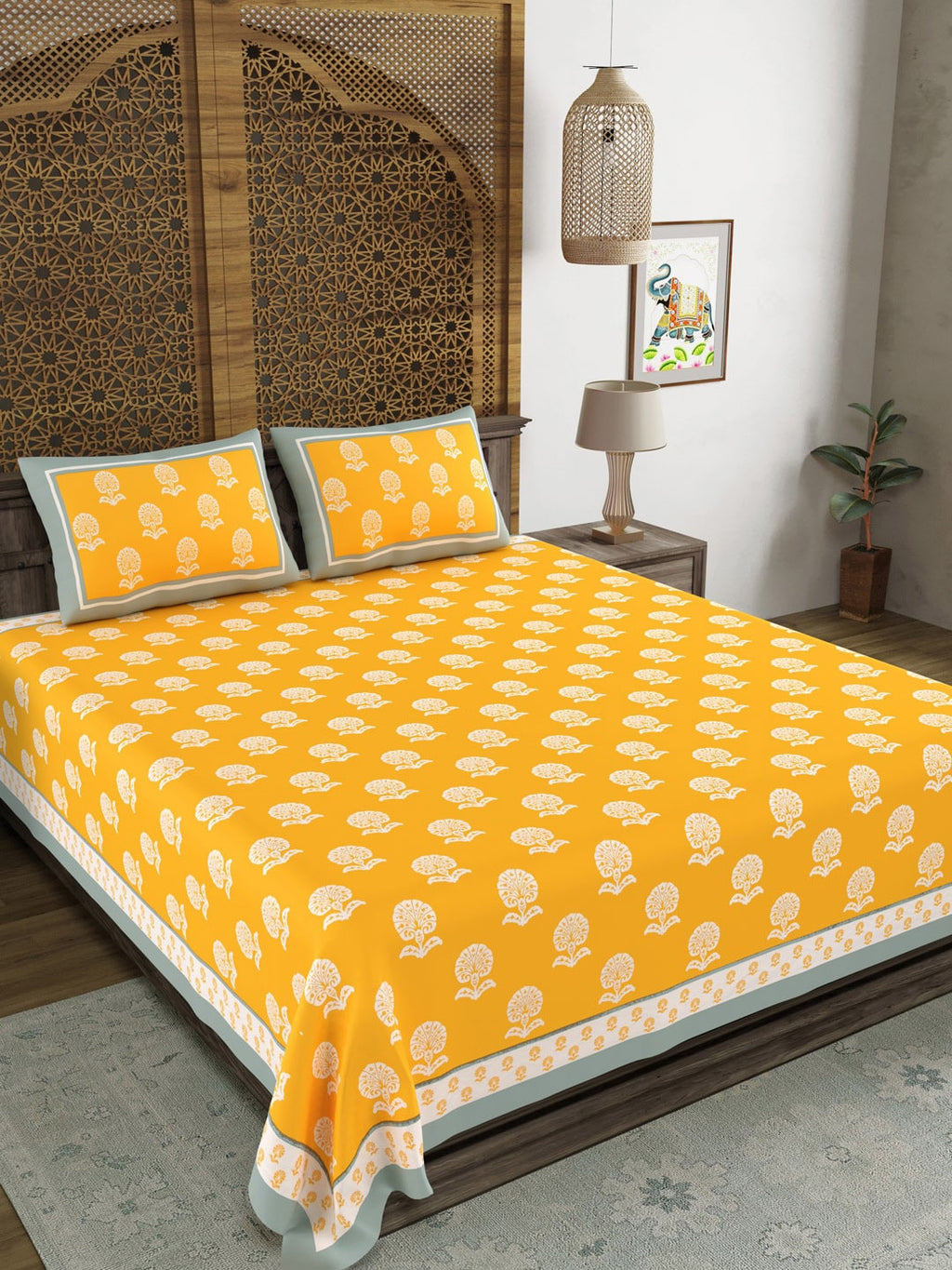 BLOCKS OF INDIA Yellow Ethnic Motifs Cotton 210 TC Super King Bedsheet & 2 Pillow Covers | Grocsy