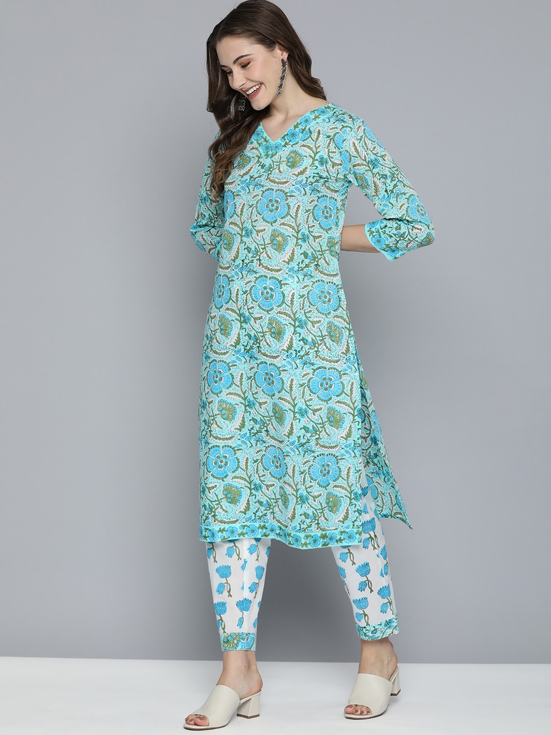HERE&NOW Floral Printed Regular Pure Cotton Kurta with Trousers & With Dupatta | Grocsy