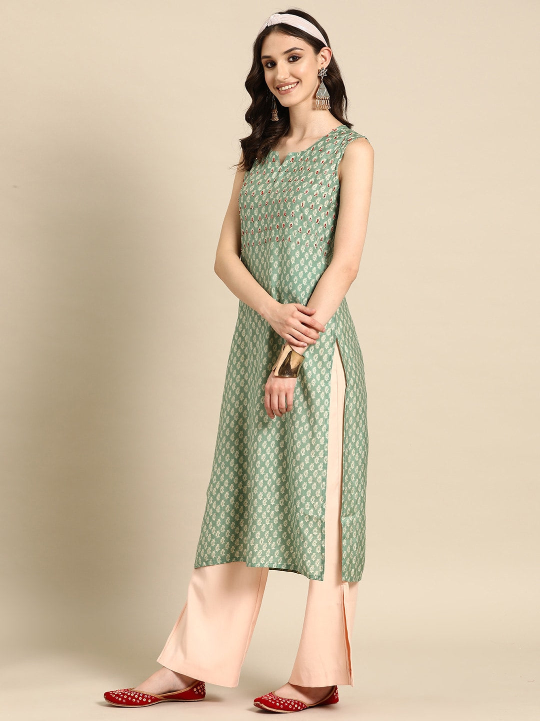 Sangria Women Ethnic Motifs Printed Thread Work Kurta | Grocsy