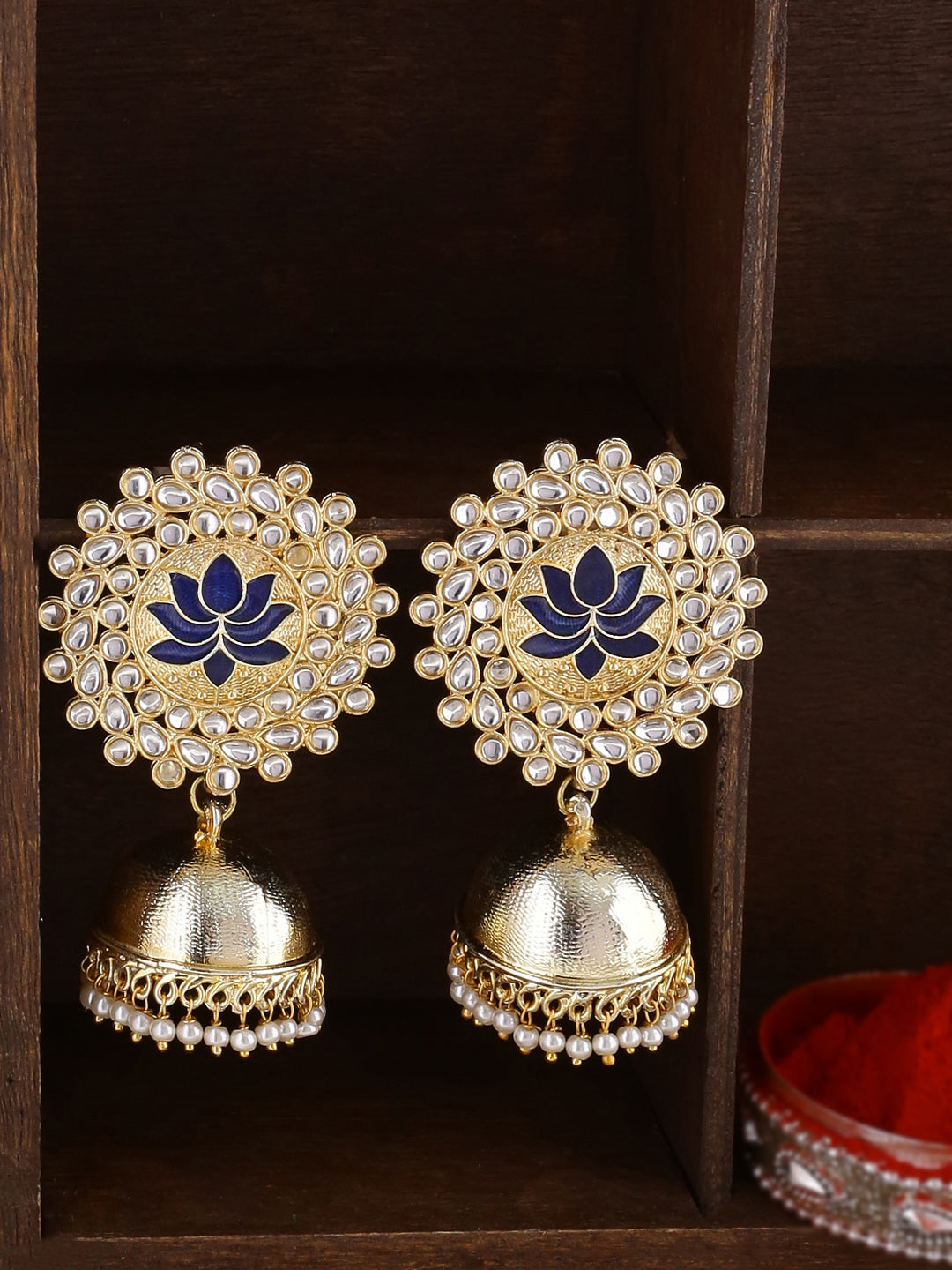 Shoshaa Gold-Polished Navy Blue Kundan-Studded Classic Jhumkas | Grocsy