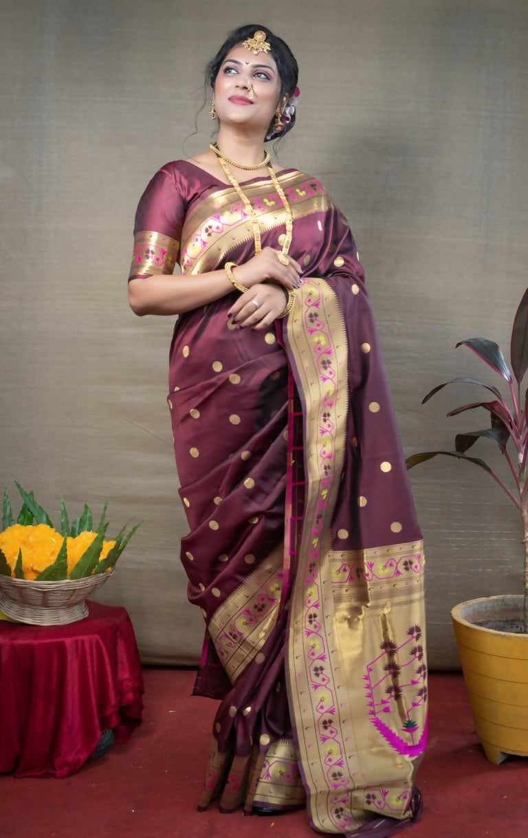 Jyoti Fashion Women's Brown Paithani Silk Zari Woven Saree with Blouse | Grocsy