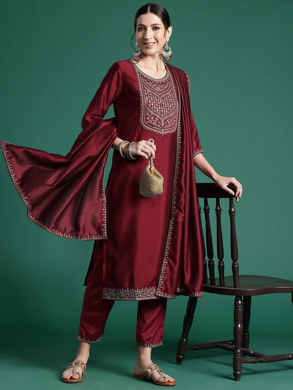 Indo Era Ethnic Motifs Yoke Design Sequinned Kurta with Trousers & Dupatta | Grocsy