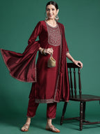 Indo Era Ethnic Motifs Yoke Design Sequinned Kurta with Trousers & Dupatta | Grocsy