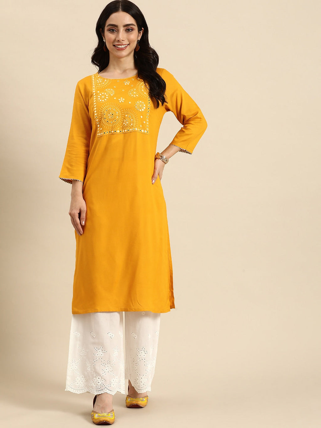 Sangria Women Ethnic Motifs Yoke Design Mirror Work Kurta | Grocsy