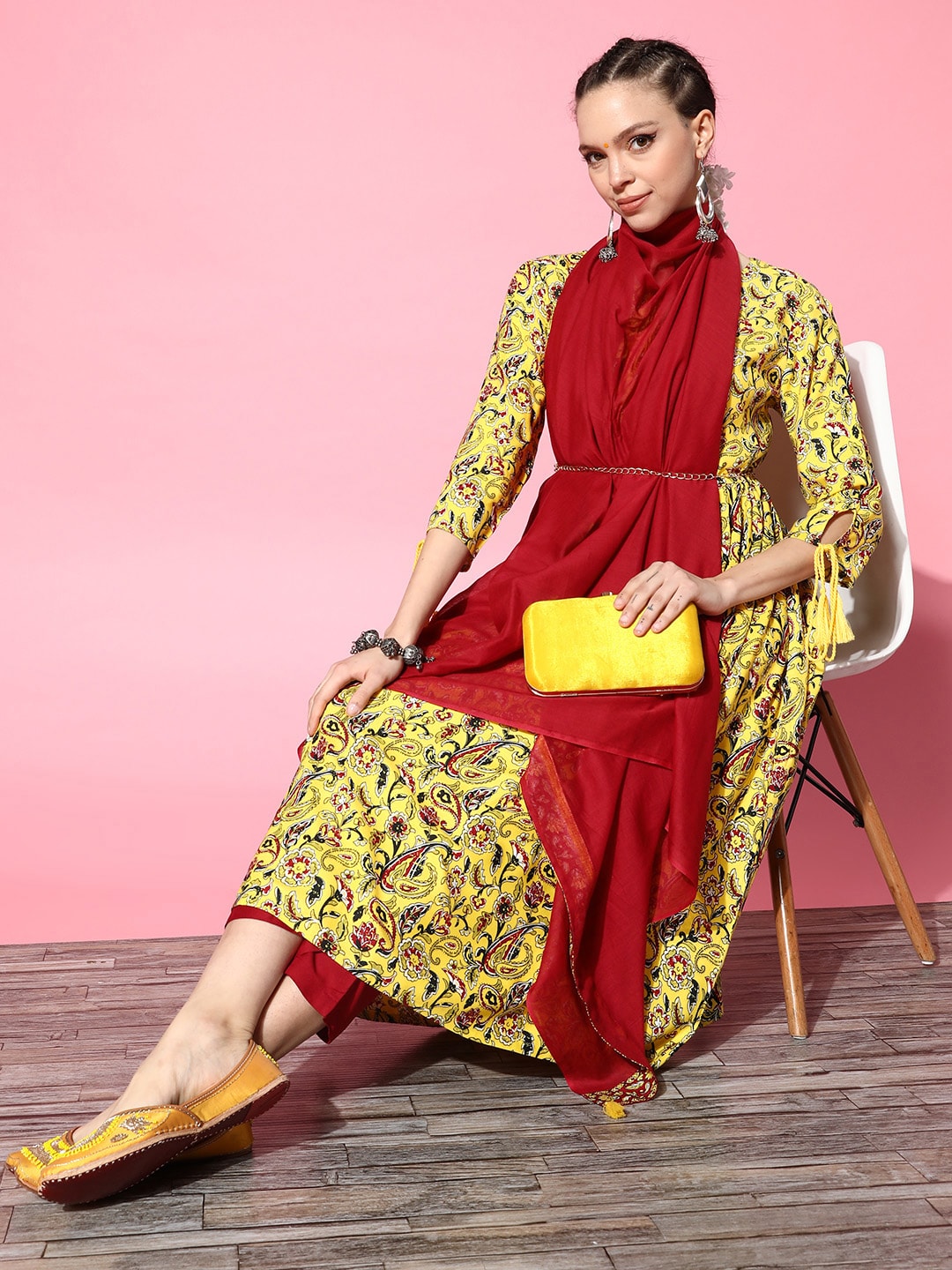 HERE&NOW Yellow & Red Ethnic Motifs Print Parade Anarkali Kurta with Trousers & Dupatta | Grocsy