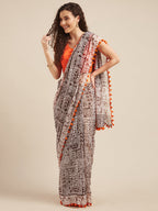 Tikhi Imli Brown & White Poly Georgette Printed Saree | Grocsy