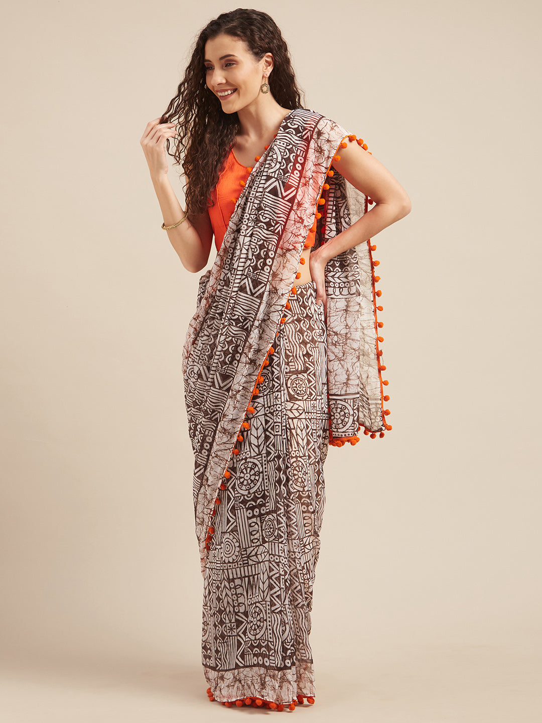 Tikhi Imli Brown & White Poly Georgette Printed Saree | Grocsy