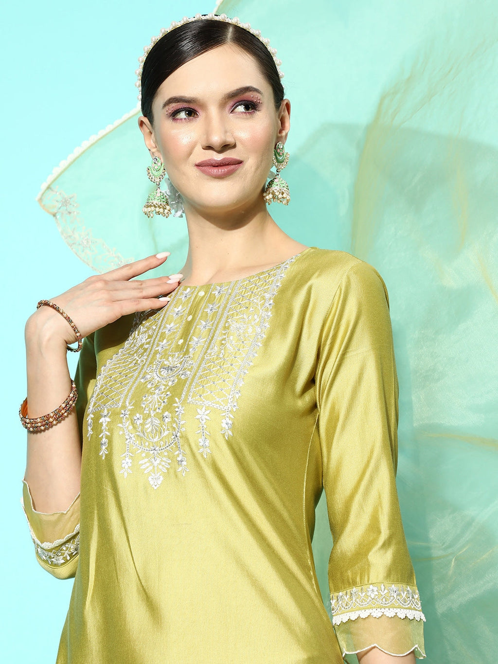 Sangria Women Floral Embroidered Regular Sequinned Kurta with Trousers & With Dupatta | Grocsy