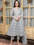 Sangria Floral-Printed Pure-Cotton Anarkali Kurta With Trouser & Dupatta | Grocsy