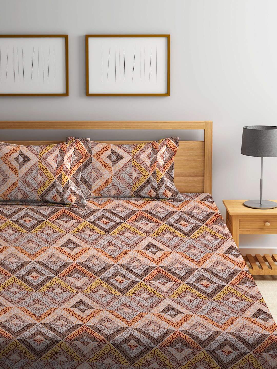 BOMBAY DYEING Epigram Brown & Yellow Ethnic Cotton 120 TC Queen Bedsheet & Pillow Covers | Grocsy
