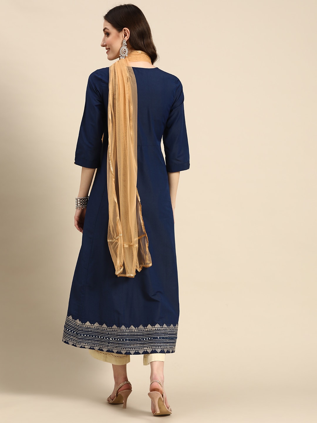 Sangria Women Navy Blue & Beige Embroidered Anarkali Kurta with Dupatta | Grocsy