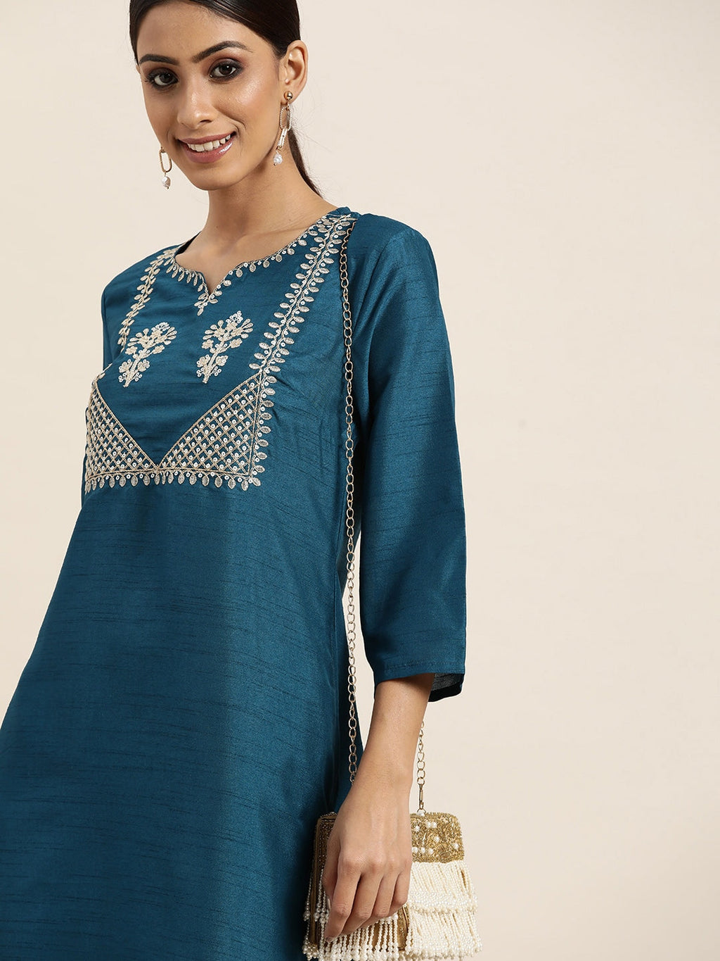 Sangria Women Teal Blue & Golden Ethnic Motifs Embroidered Sequinned Straight Kurta | Grocsy