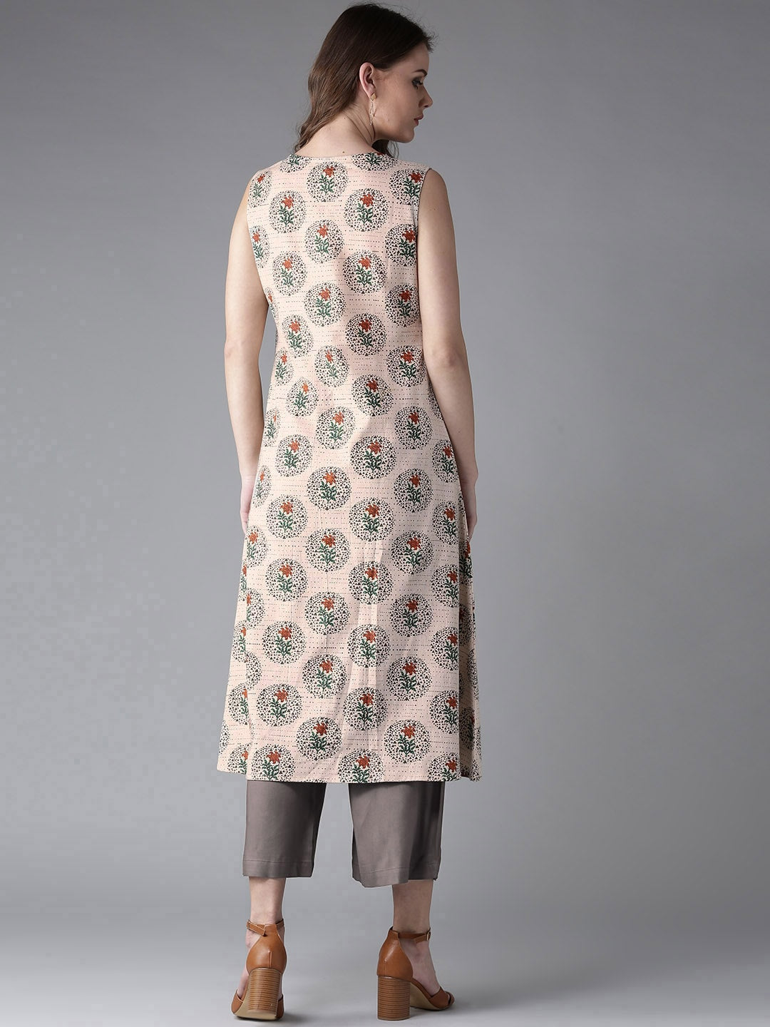 HERE&NOW Women Beige & Grey Printed Kurta with Palazzos | Grocsy
