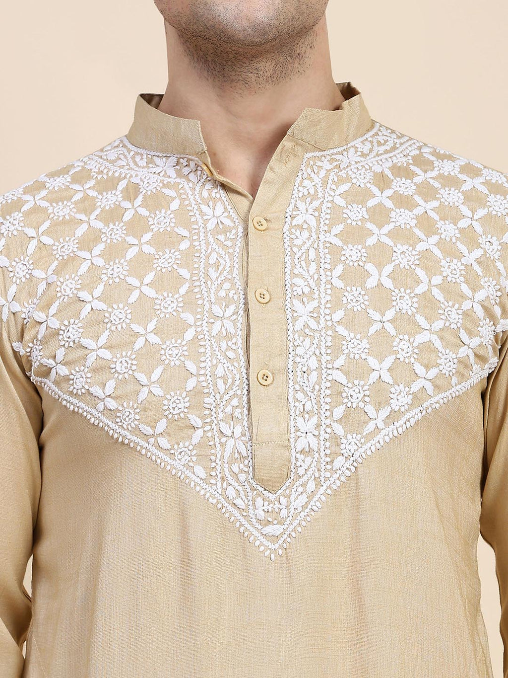 HOUSE OF KARI Ethnic Motifs Yoke Design Mandarin Collar Chikankari Pure Cotton Kurta | Grocsy