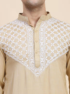 HOUSE OF KARI Ethnic Motifs Yoke Design Mandarin Collar Chikankari Pure Cotton Kurta | Grocsy