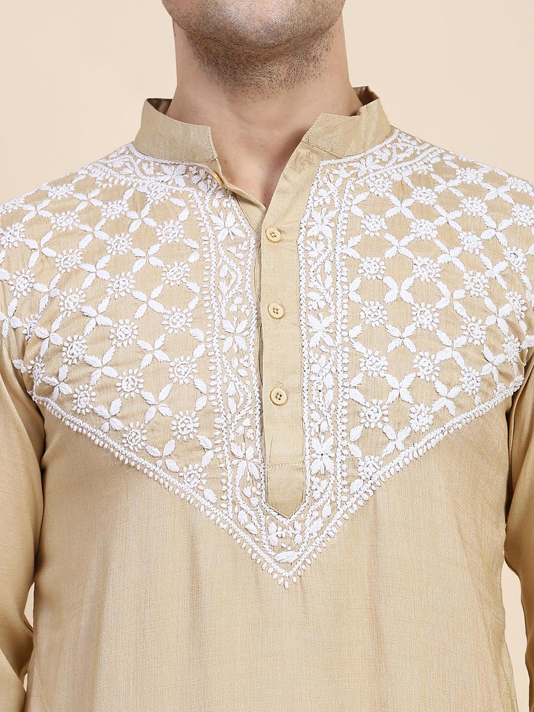 HOUSE OF KARI Ethnic Motifs Yoke Design Mandarin Collar Chikankari Pure Cotton Kurta | Grocsy