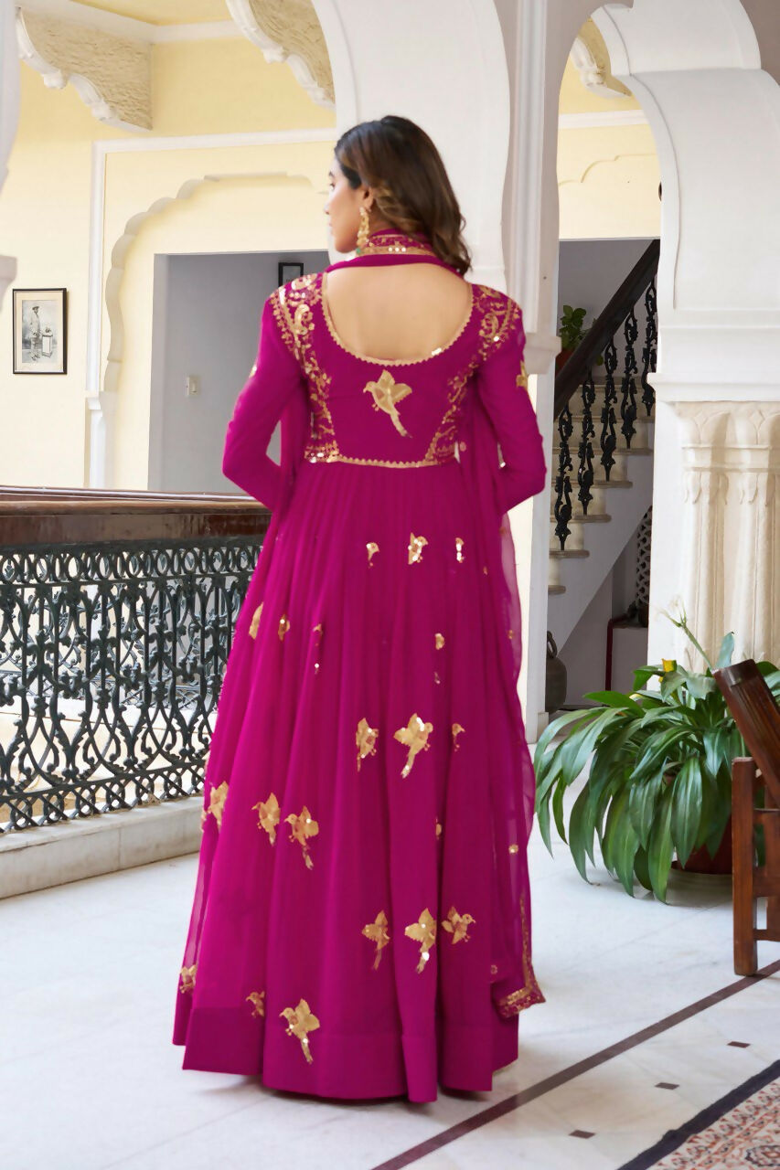 The52 Women's Gorgeous Faux Georgette Fabric Embroidery Work Flared Anarkali Pant and Dupatta Set | Grocsy