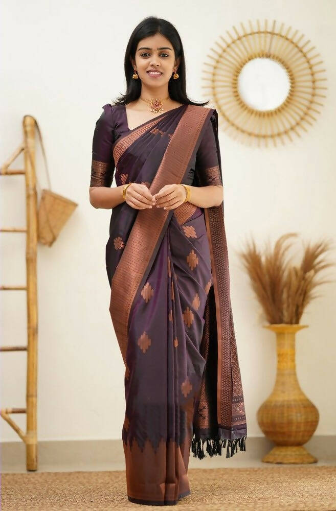 DEIANA'S Beautiful Designer Golden zari Soft Lichi Silk Saree - Wine | Grocsy