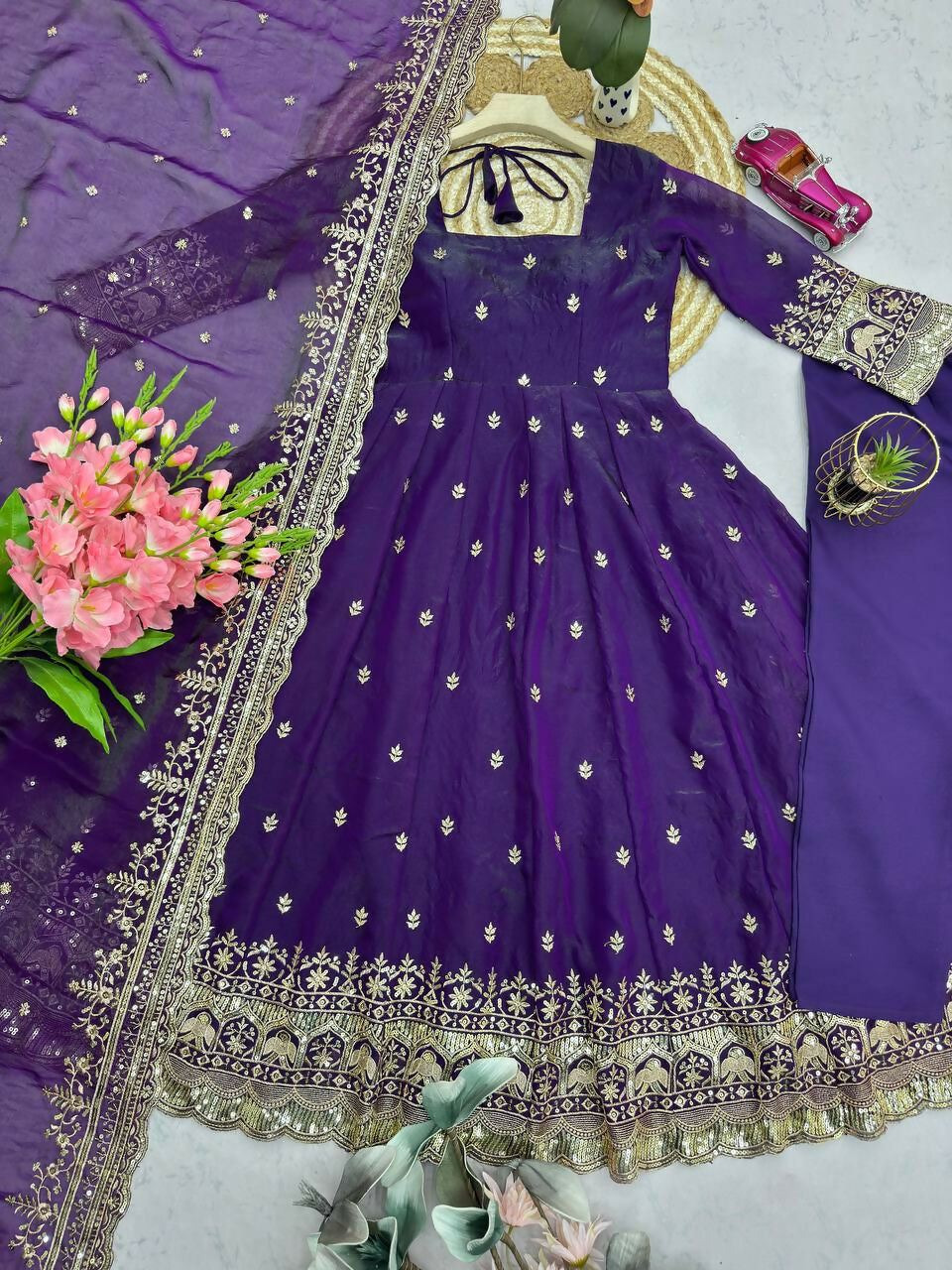 Teeya Creation Deep Purple Embroidered Anarkali Suit Set With Dupatta | Grocsy