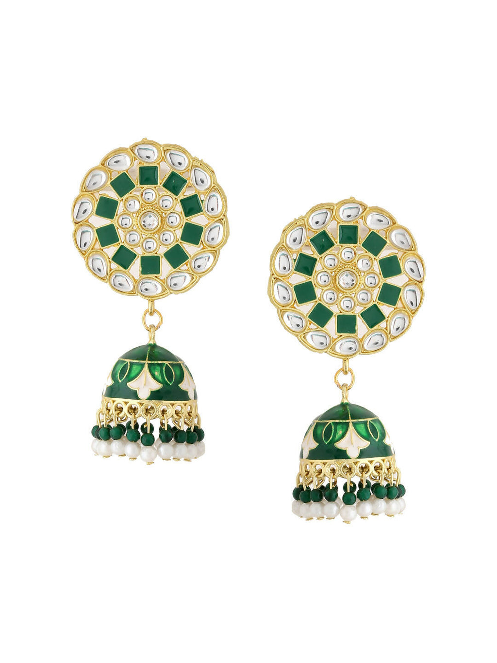 NVR Women Gold-Polished Green Dome Shaped Meenkari Jhumkas Earrings | Grocsy