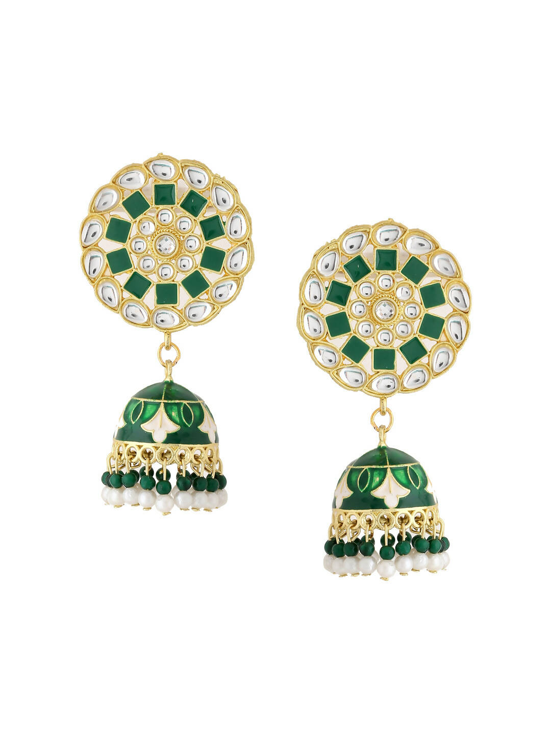 NVR Women Gold-Polished Green Dome Shaped Meenkari Jhumkas Earrings | Grocsy