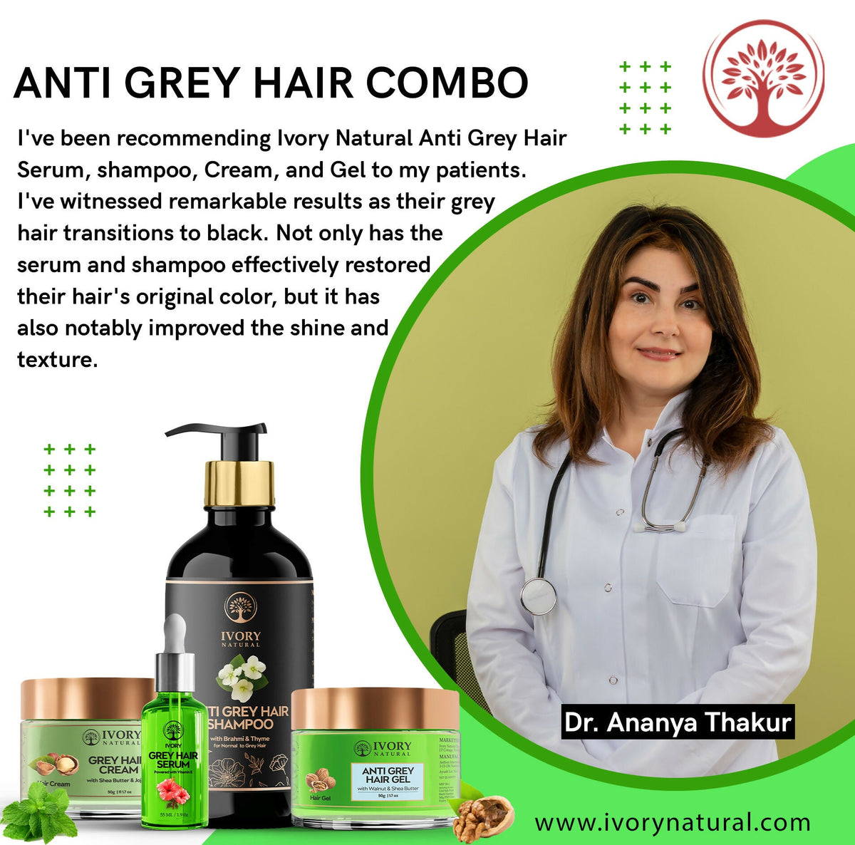 Ivory Natural Grey Hair Advanced Combo (Serum, Shampoo, Cream & Gel) For Both Men & Women | Grocsy