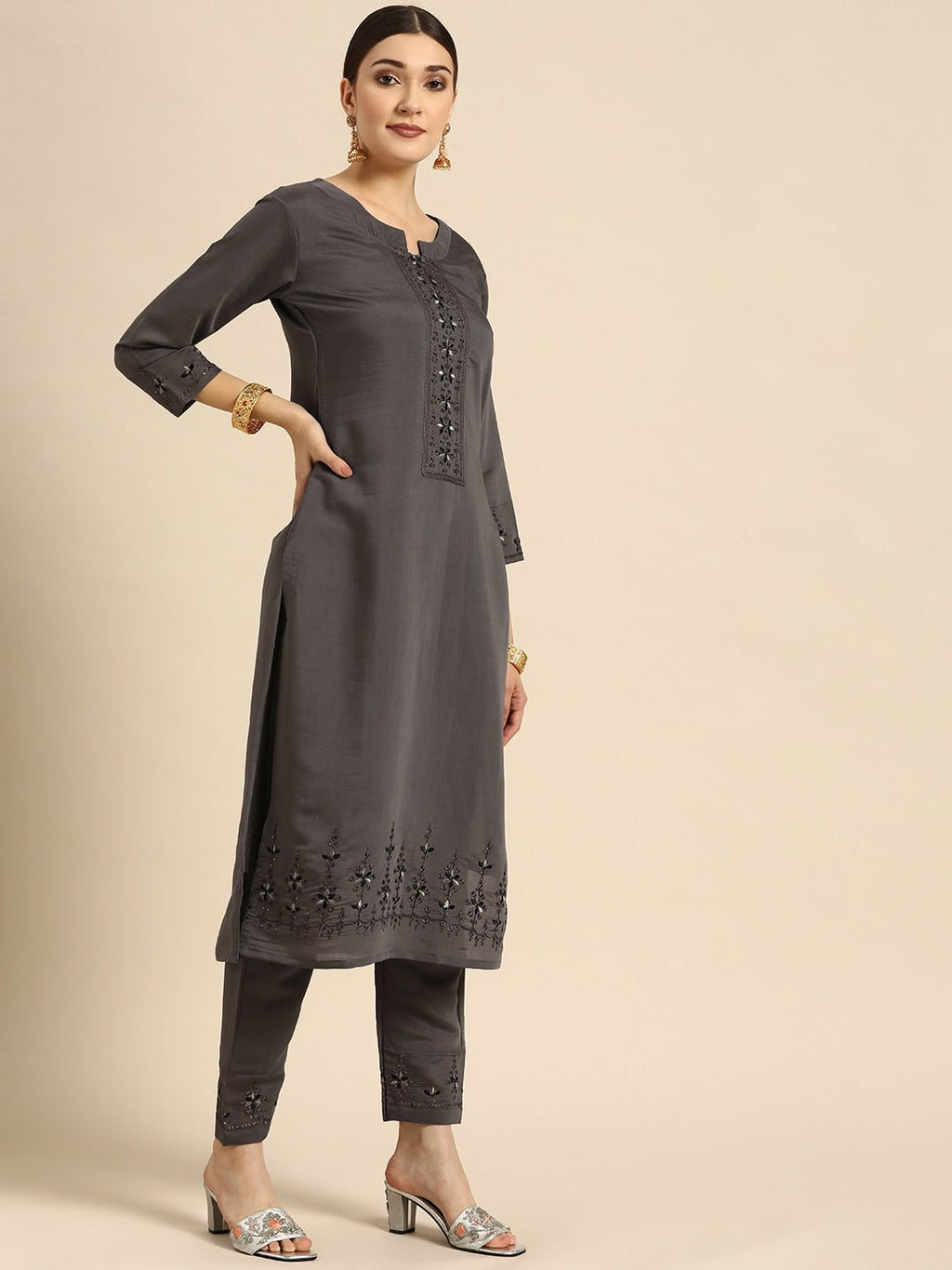 Sangria Women Grey Ethnic Motifs Embroidered Pure Cotton Kurta with Trousers & With Dupatta | Grocsy
