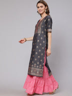 Aks Ethnic Motifs Printed Straight Silk Kurta | Grocsy
