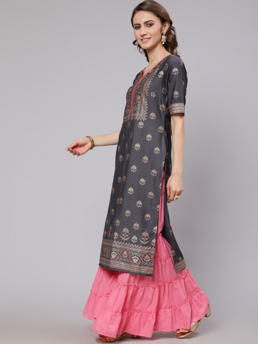 Aks Ethnic Motifs Printed Straight Silk Kurta | Grocsy