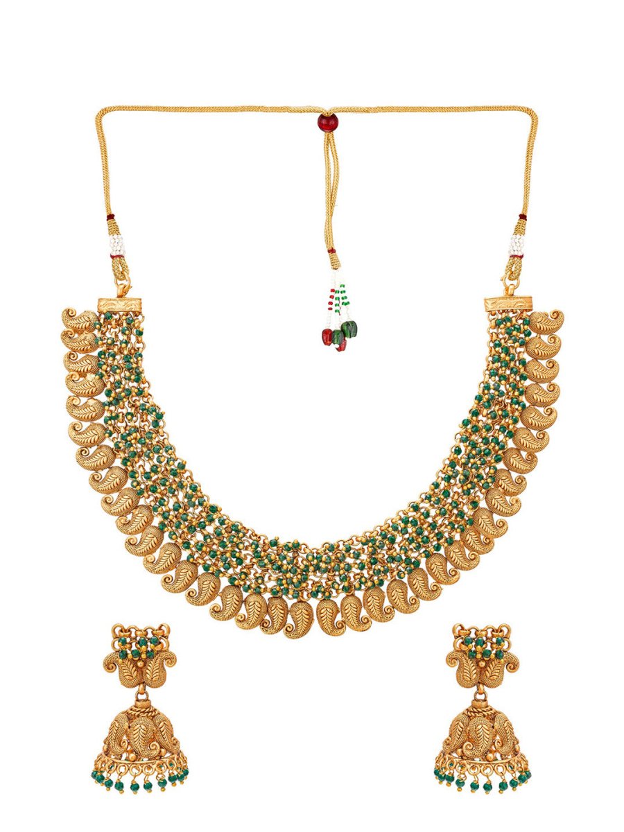 Aadita Gold-Polished Green Pearls Beaded Choker Jewellery Set | Grocsy