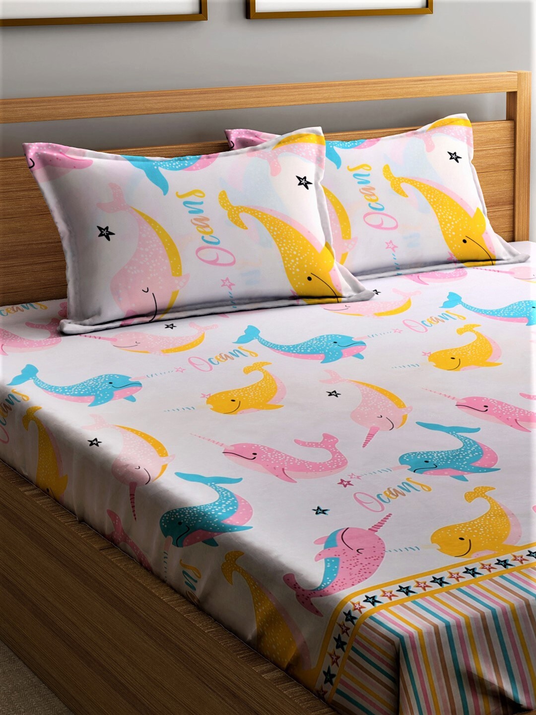 Home Sizzler Pink & Blue Cartoon 210 TC Cotton Bedsheet with Pillow Covers | Grocsy