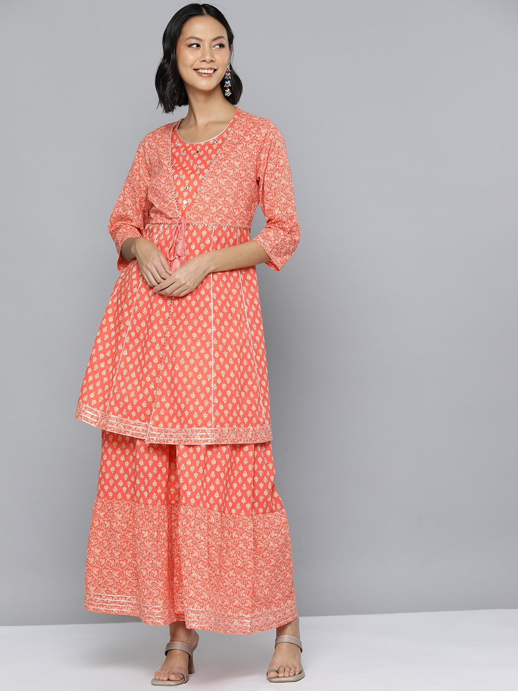 HERE&NOW Ethnic Motifs Print High Slit Cotton Kurta with Sharara | Grocsy
