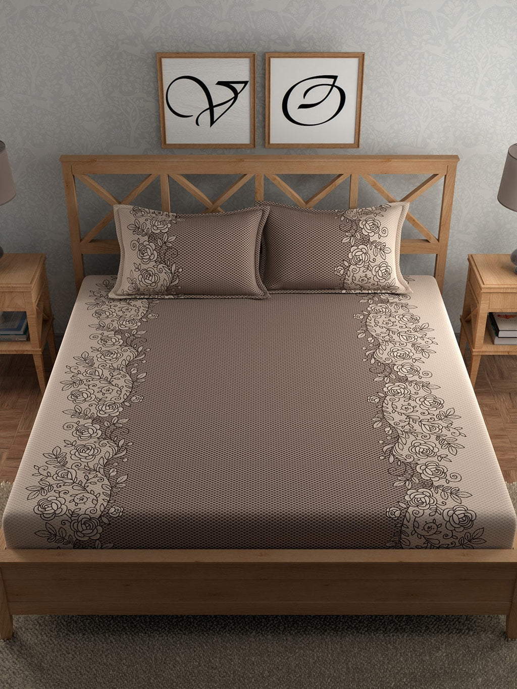 CHHAVI INDIA Brown Ethnic Motifs Cotton 210 TC King Bedsheet with 2 Pillow Covers | Grocsy