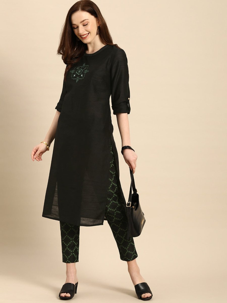 All About You Women Black & Green Embroidered Kurta with Trousers | Grocsy