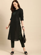 All About You Women Black & Green Embroidered Kurta with Trousers | Grocsy