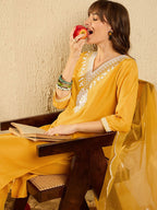 Indo Era Floral Yoke Design V-Neck Straight Kurta With Trousers & Dupatta | Grocsy