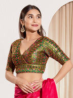 Joban Fashion Bottle Green Mulberry Silk Padded Blouse With V Neck Elbow Sleeves | Grocsy