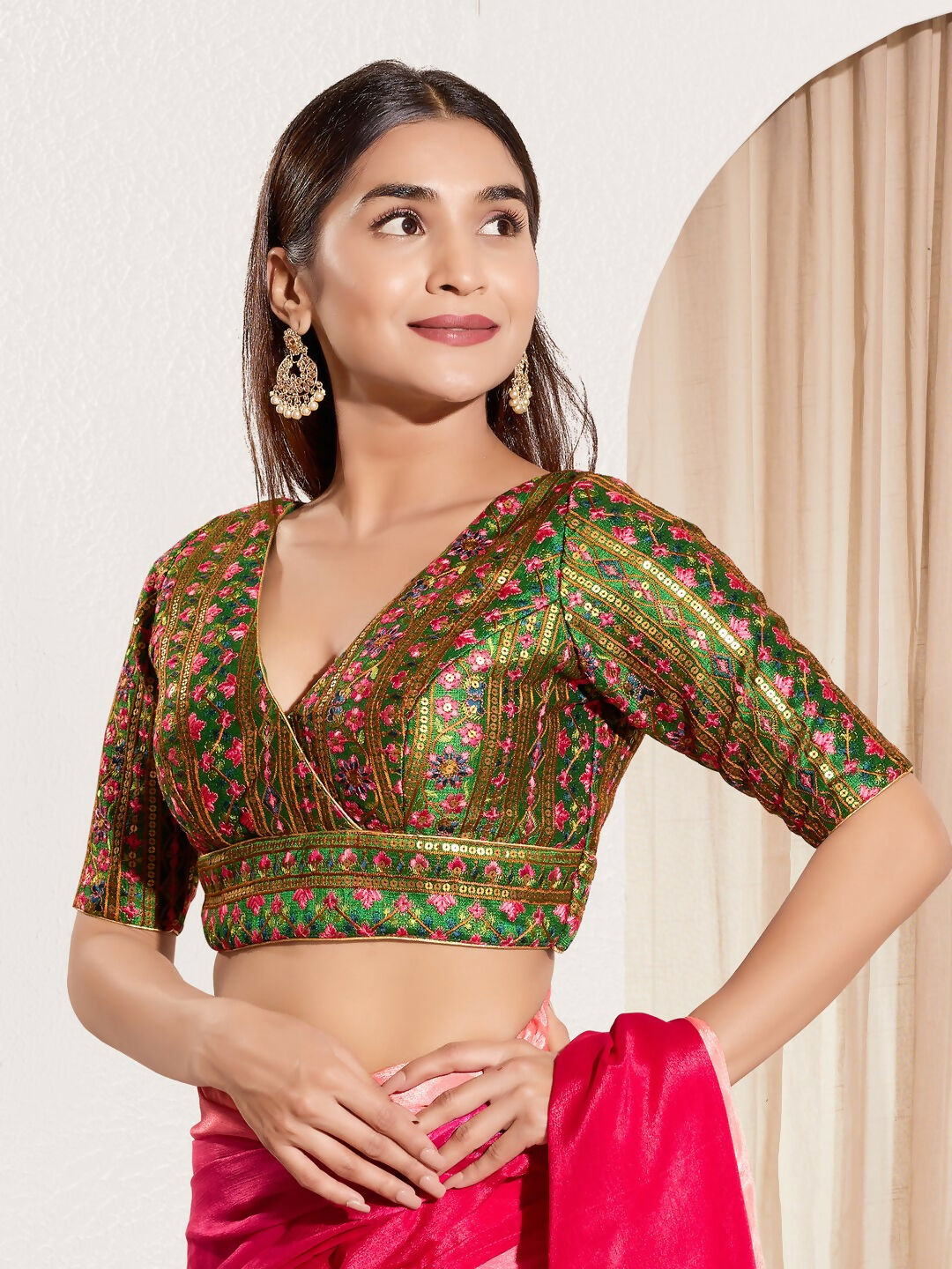 Joban Fashion Bottle Green Mulberry Silk Padded Blouse With V Neck Elbow Sleeves | Grocsy