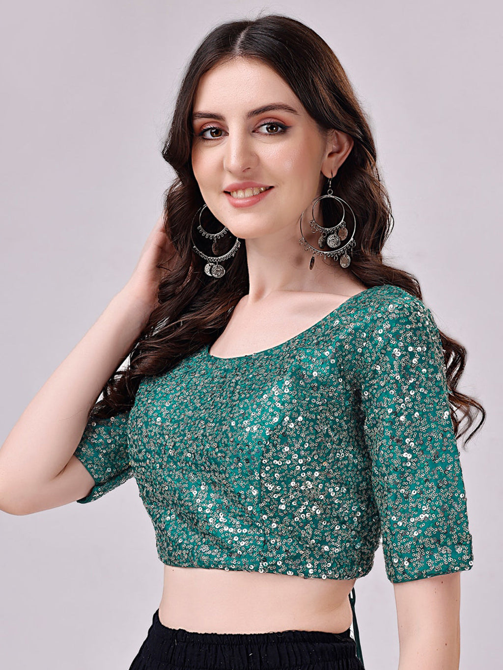 Tikhi Imli Teal Blue Embellished Sequinned Detailed Saree Blouse | Grocsy