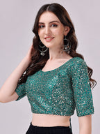 Tikhi Imli Teal Blue Embellished Sequinned Detailed Saree Blouse | Grocsy