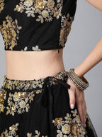 Tulsi Art Black & Golden Sequinned Semi-Stitched Myntra Lehenga & Blouse With Dupatta | Grocsy
