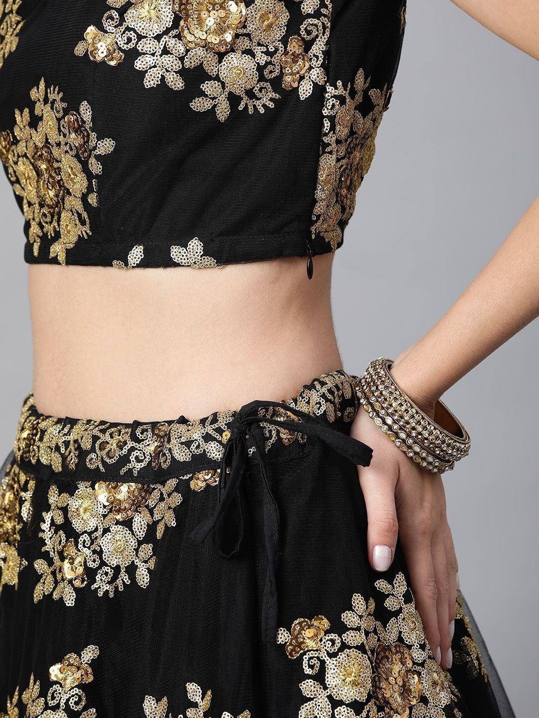 Tulsi Art Black & Golden Sequinned Semi-Stitched Myntra Lehenga & Blouse With Dupatta | Grocsy