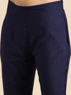 All About You Women Navy Blue Embroidered Kurta with Trousers | Grocsy