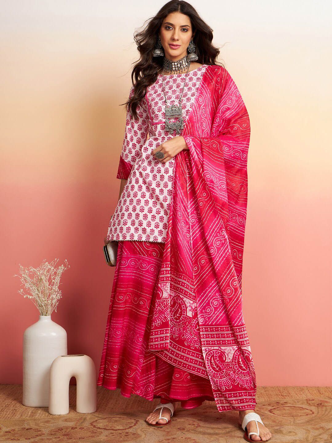 Sangria Floral Printed Pure Cotton Kurti With Sharara & Dupatta | Grocsy