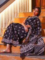 Zibaa Hand-Blocked Pure Mul Cotton Black Saree | Grocsy