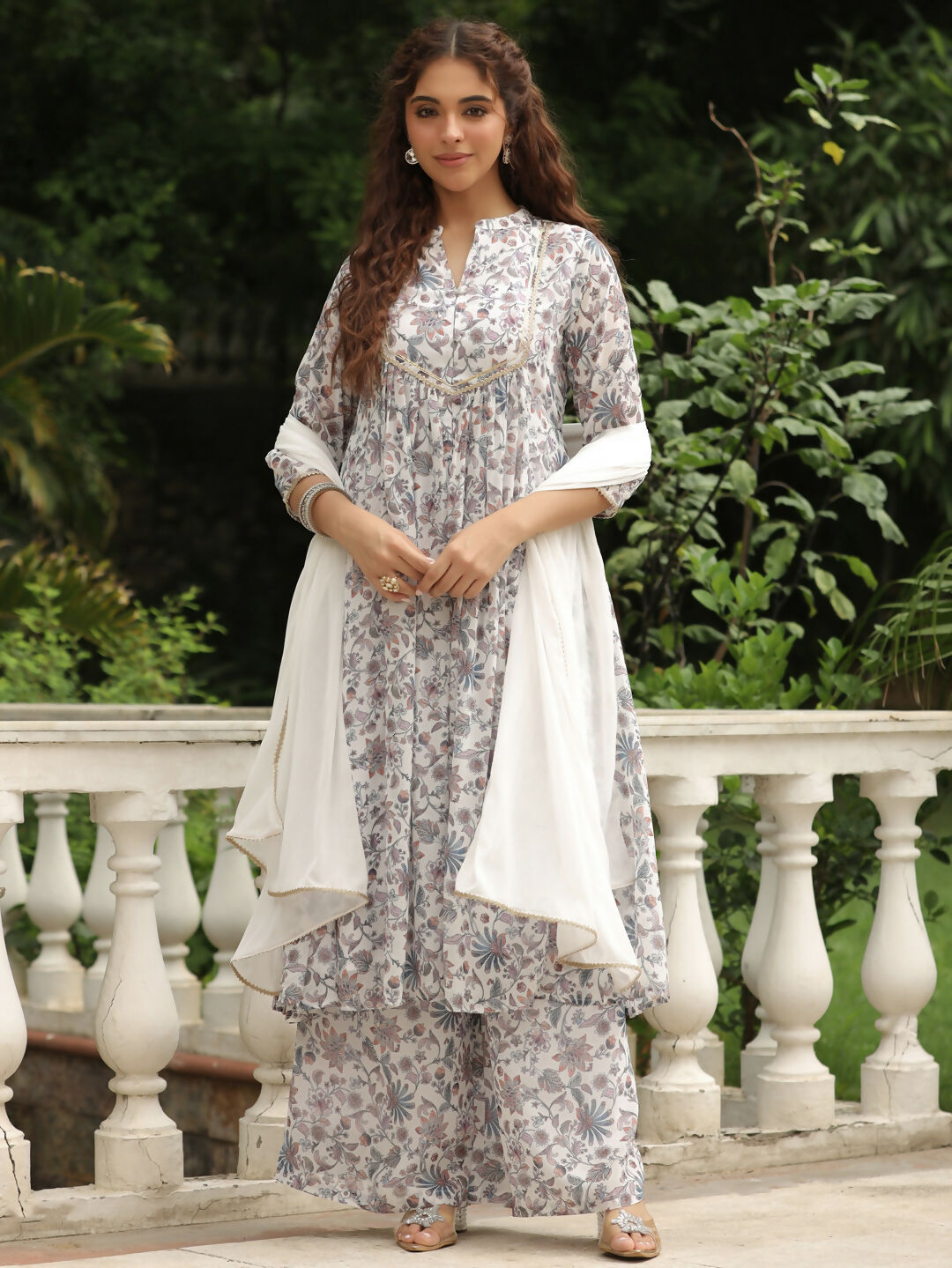 Janasya White Georgette Floral Kurta,Bottom & Dupatta | Grocsy