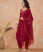 Sangria Maroon Floral Embroidered Straight Kurta With Trousers & Dupatta | Grocsy