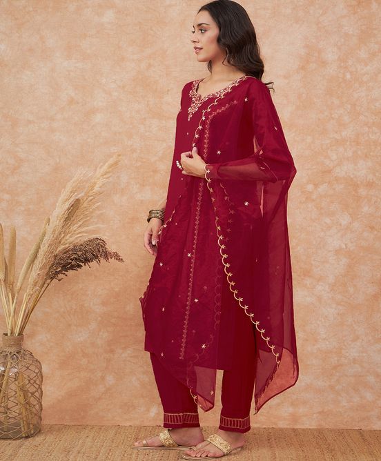 Sangria Maroon Floral Embroidered Straight Kurta With Trousers & Dupatta | Grocsy