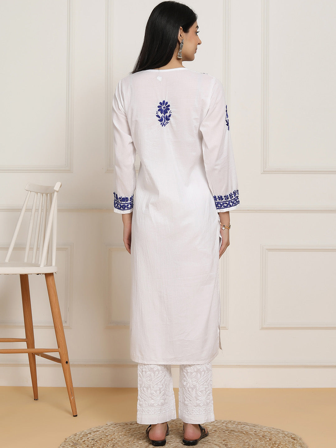 HOUSE OF KARI Women Ethnic Motifs Embroidered Regular Chikankari Pure Cotton Kurta with Trousers | Grocsy